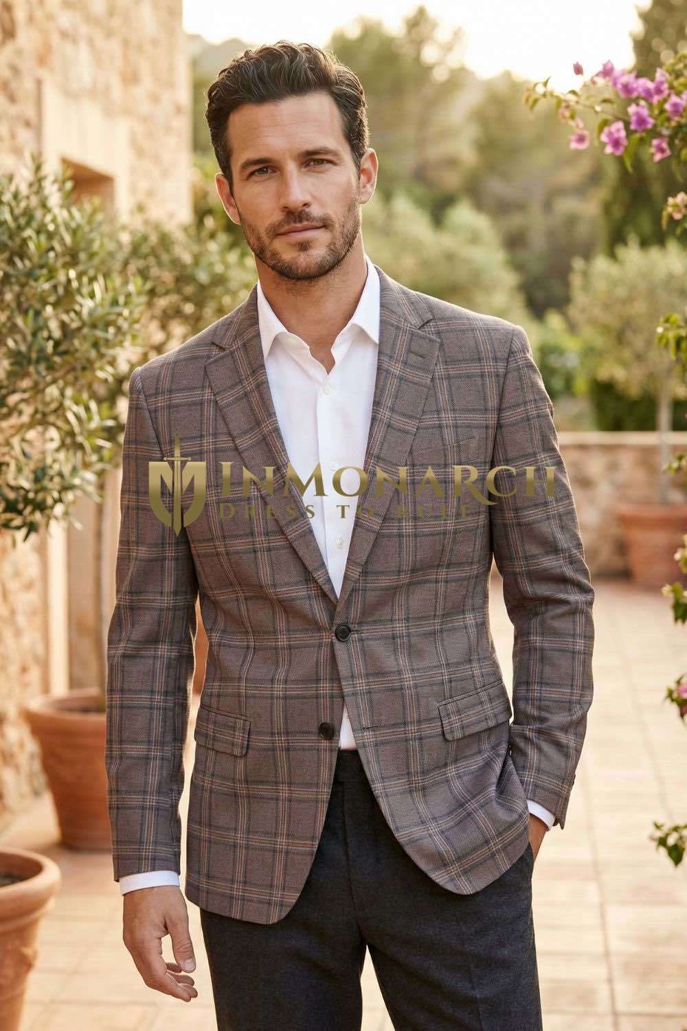 Mens Brown Plaid Blazer Slim Fit Two Button Jacket 1 Pc Classic Wear