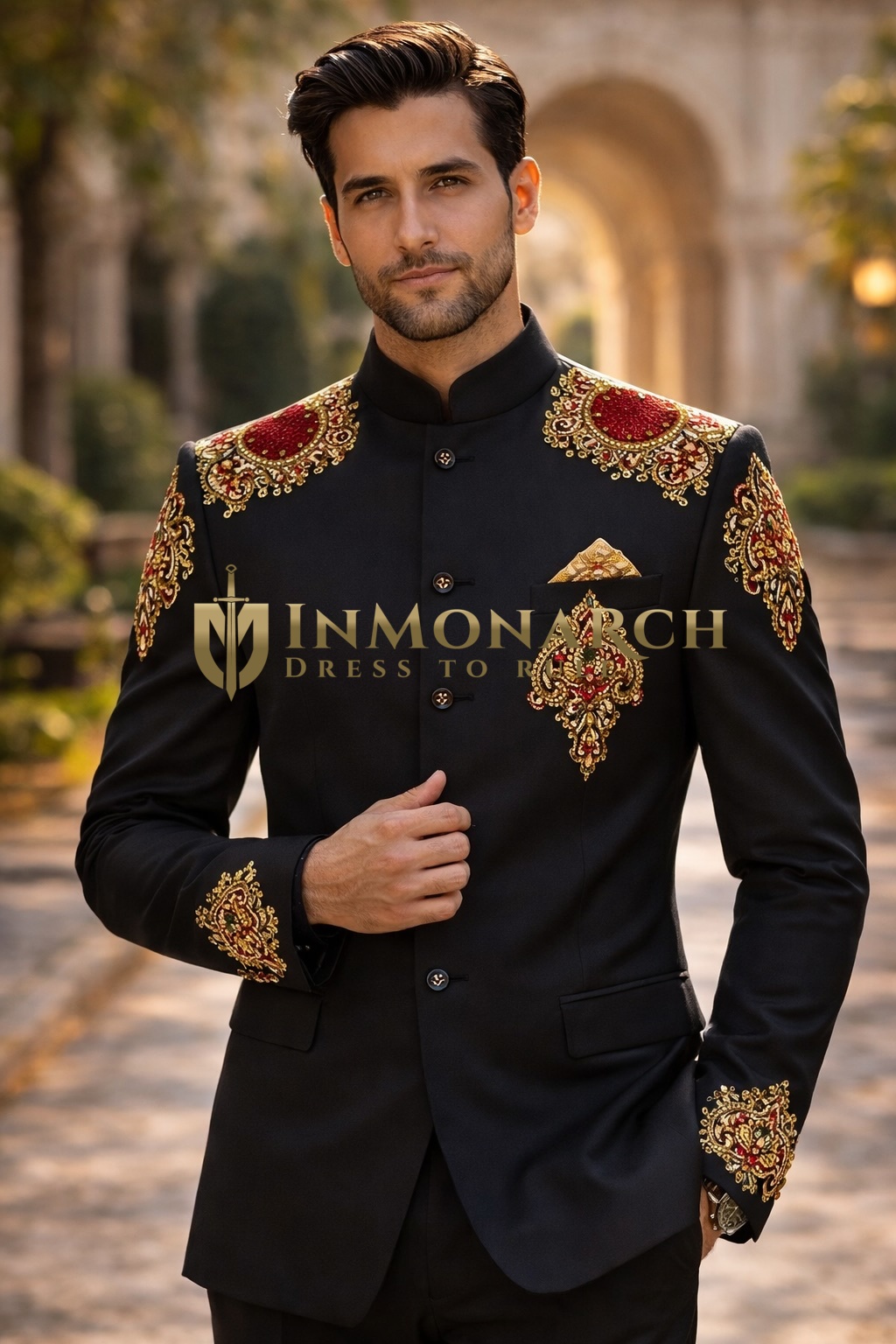 Traje jodhpur negro diseño bordado