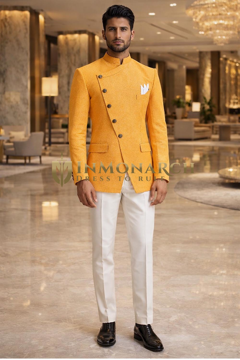 Mustard Bandhgala Groom Suit for Men with Asymmetric Sherwani Style Jacket