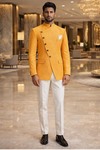 Mustard Bandhgala Groom Suit for Men with Asymmetric Sherwani Style Jacket