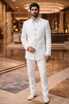 Ivory Bandhgala Groom Suit for Men Indian Wedding Suit with Elegant V Neck Style Jacket