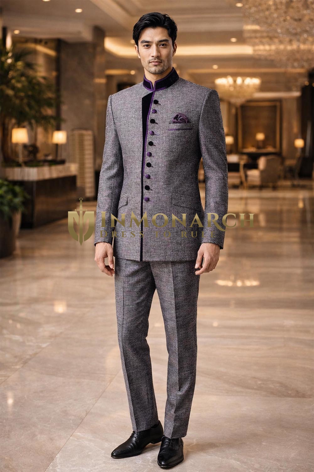 Grey Bandhgala Groom Suit – Nehru Collar Indian Wedding Suit for Men
