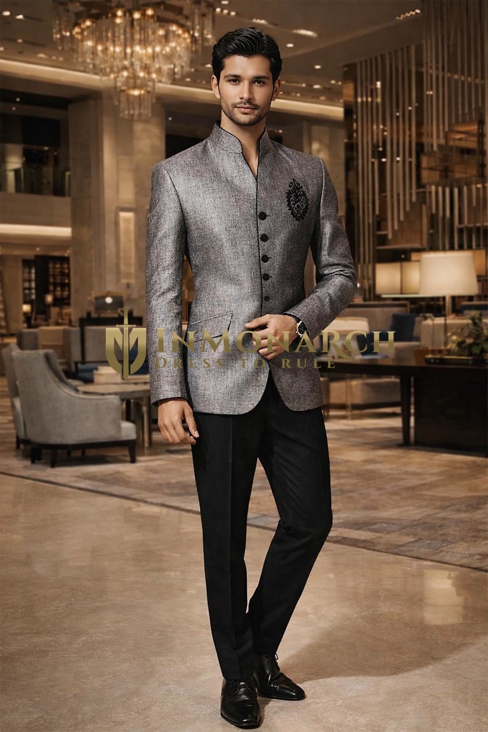 Grey Bandhgala Groom Linen Suit – Nehru Collar Indian Wedding Jacket for Men