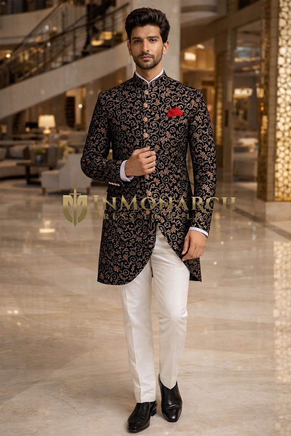 Black Floral Print Jodhpuri Suit for Men – 3 Piece Groom Wedding Outfit