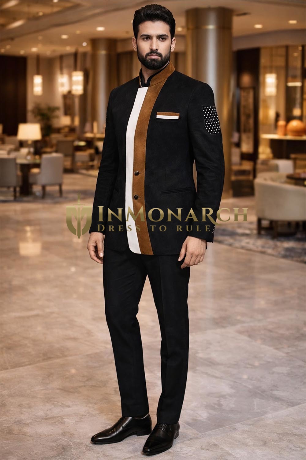 Mens Black Velvet 3 Pc Jodhpuri Suit Wedding