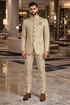 Mens Golden 3 Pc Jodhpuri Suit 6 Button