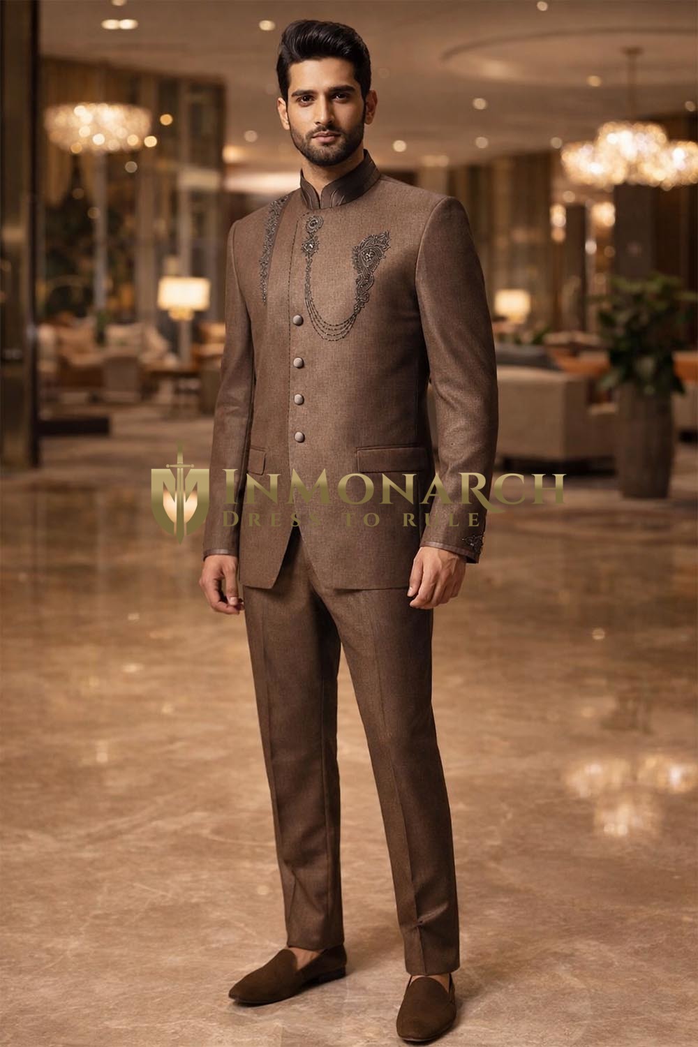 Bronze Hand Embroidered Jodhpuri Groom Suit for Men