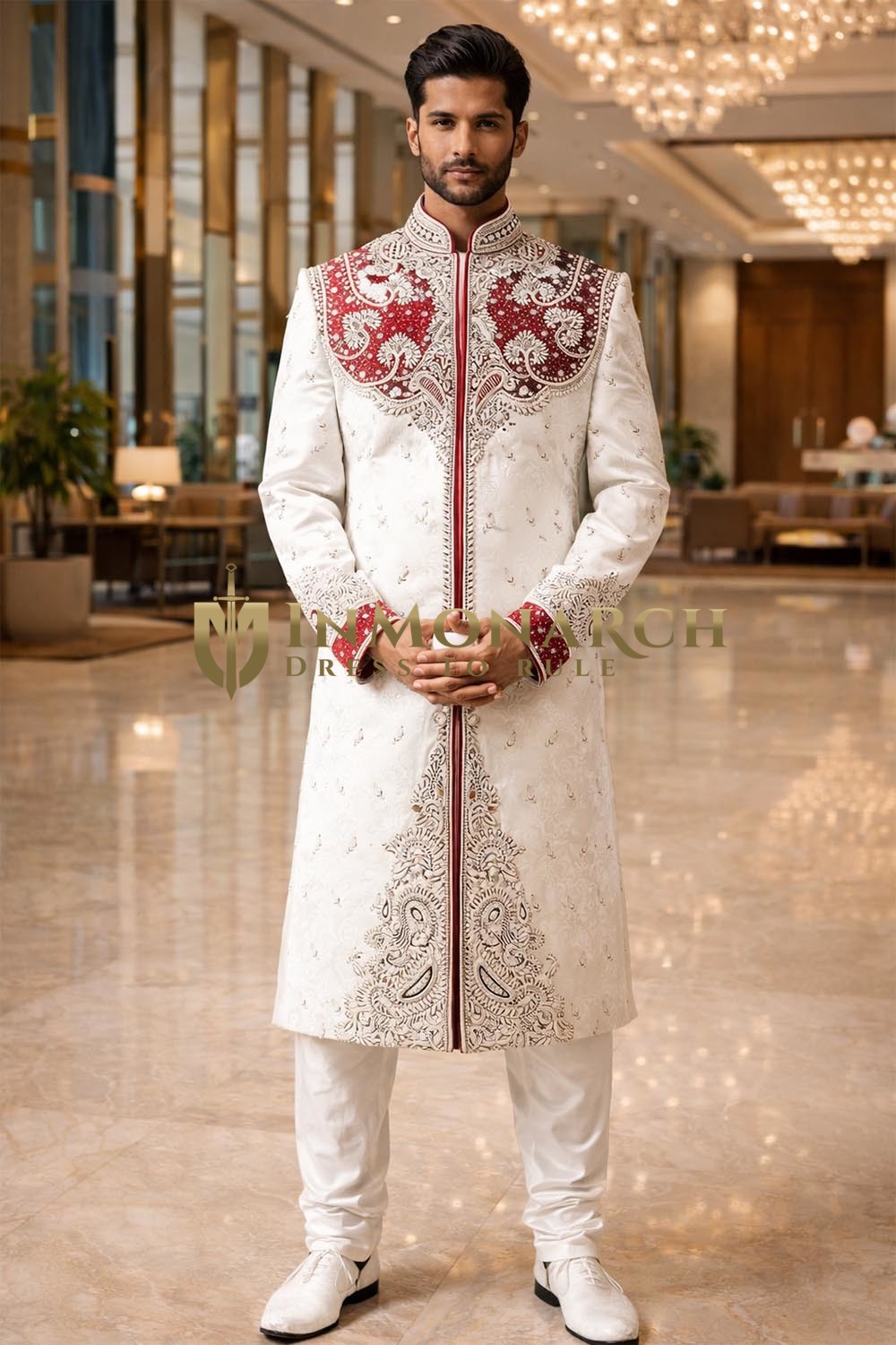 Sherwani crème brodé élégant homme