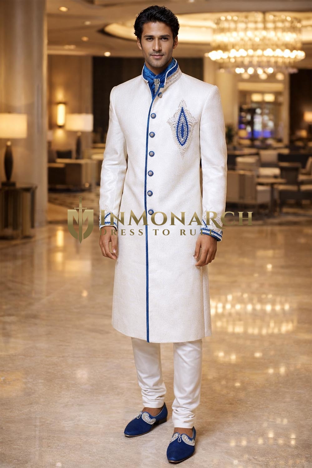 Cream Embroidered Wedding Sherwani with Blue Velvet Trim for Men