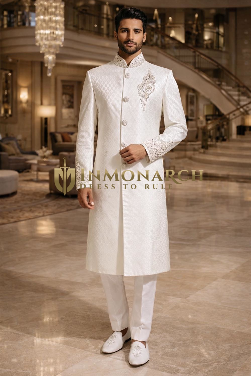 Off White Embroidered Brocade Groom Sherwani 