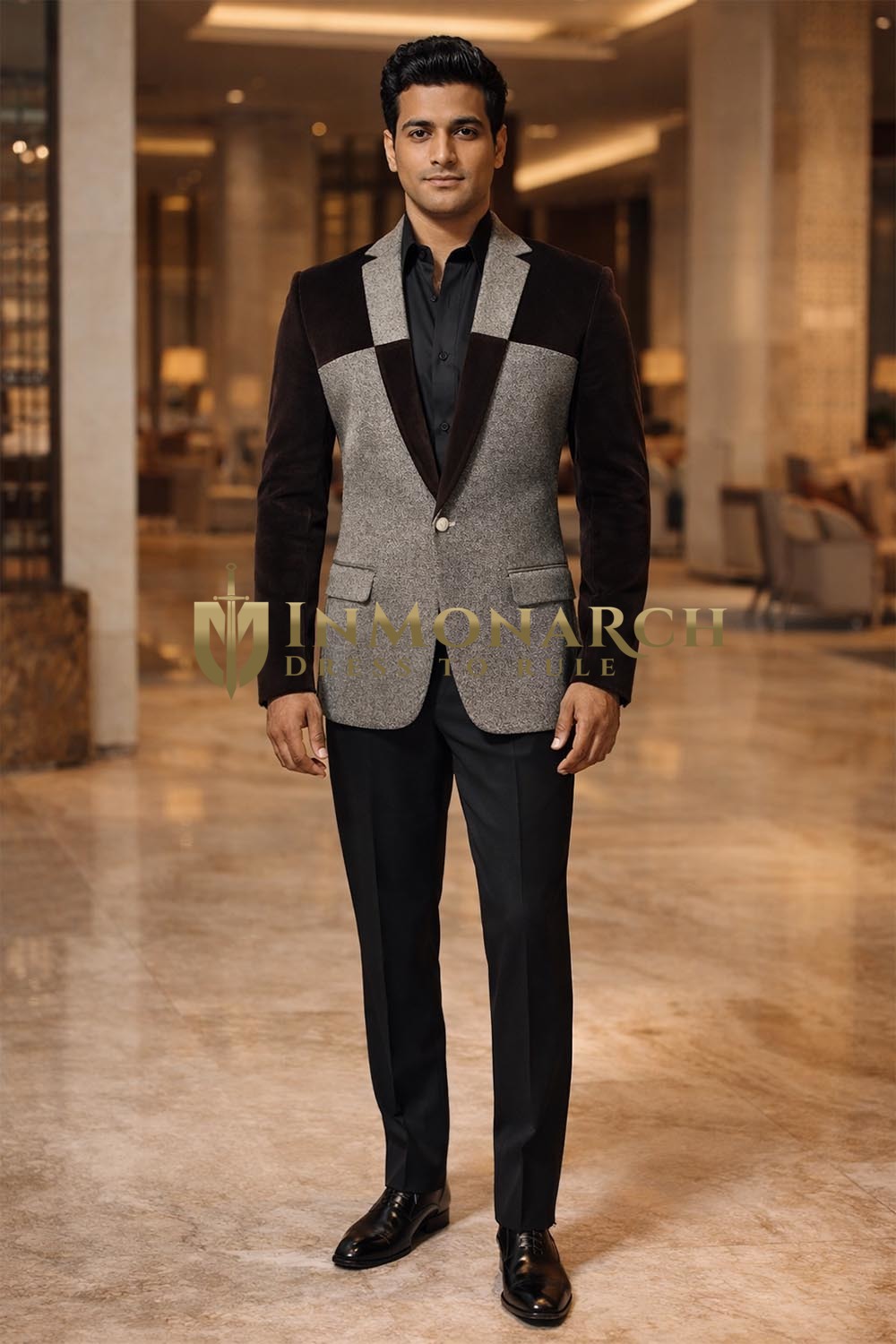 Mens Gray Black Designer Blazer Slim Fit One Button Notch Lapel Sport Coat