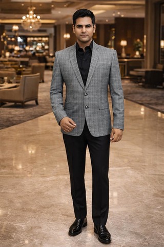 Blazer polyester argent motifs carreaux col cranté