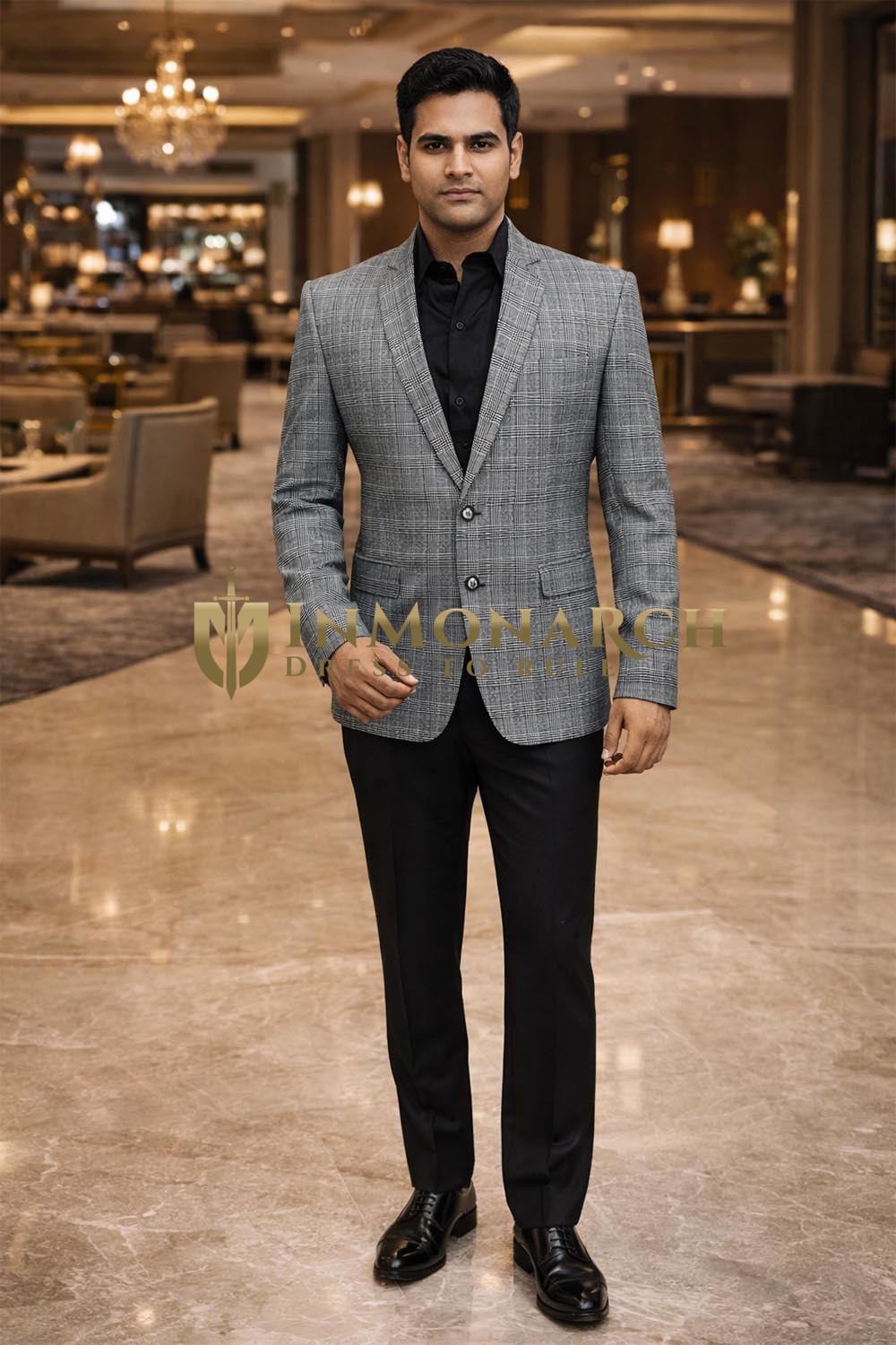 Mens Silver Check Blazer Slim Fit Two Button Notch Lapel Sport Coat Casual Jacket
