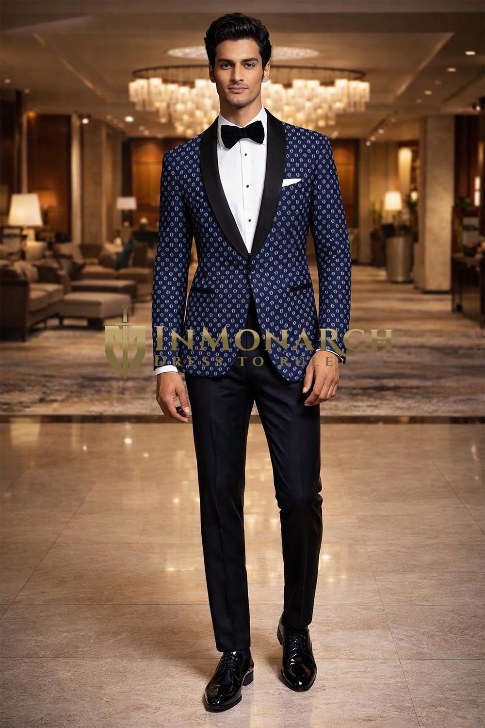 Mens Blue Printed Blazer Satin Shawl Lapel Slim Fit Dinner Jacket Partywear Sport Coat