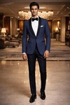 Mens Blue Printed Blazer Satin Shawl Lapel Slim Fit Dinner Jacket Partywear Sport Coat