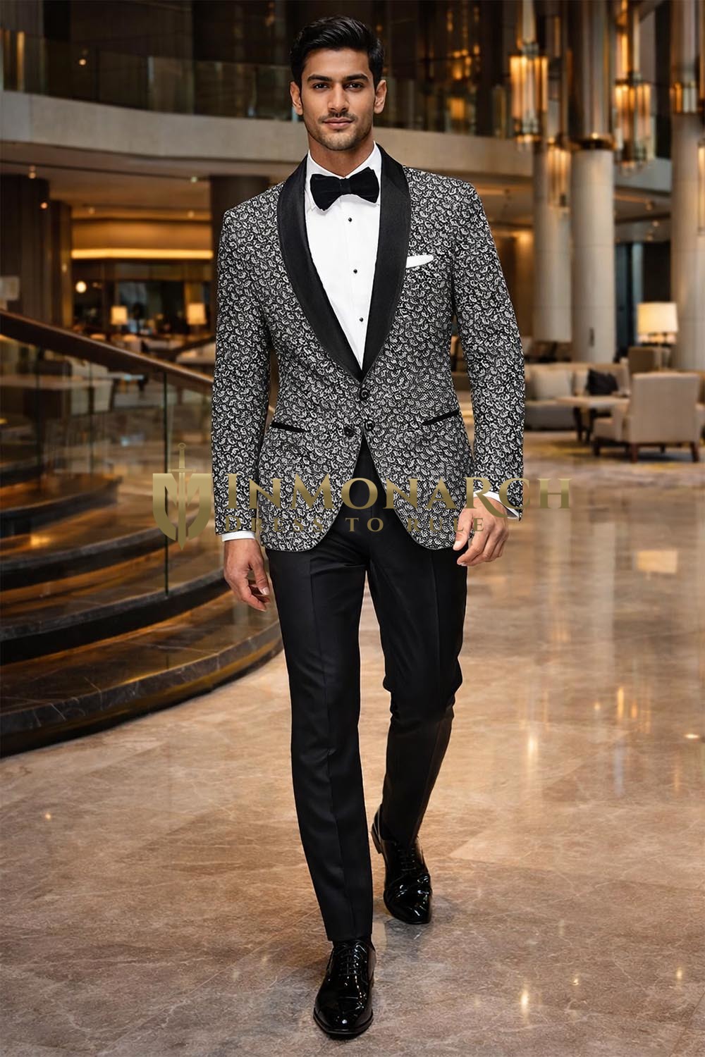 Mens Gray Paisley Blazer Satin Shawl Lapel Slim Fit Printed Dinner Jacket