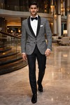 Mens Gray Paisley Blazer Satin Shawl Lapel Slim Fit Printed Dinner Jacket