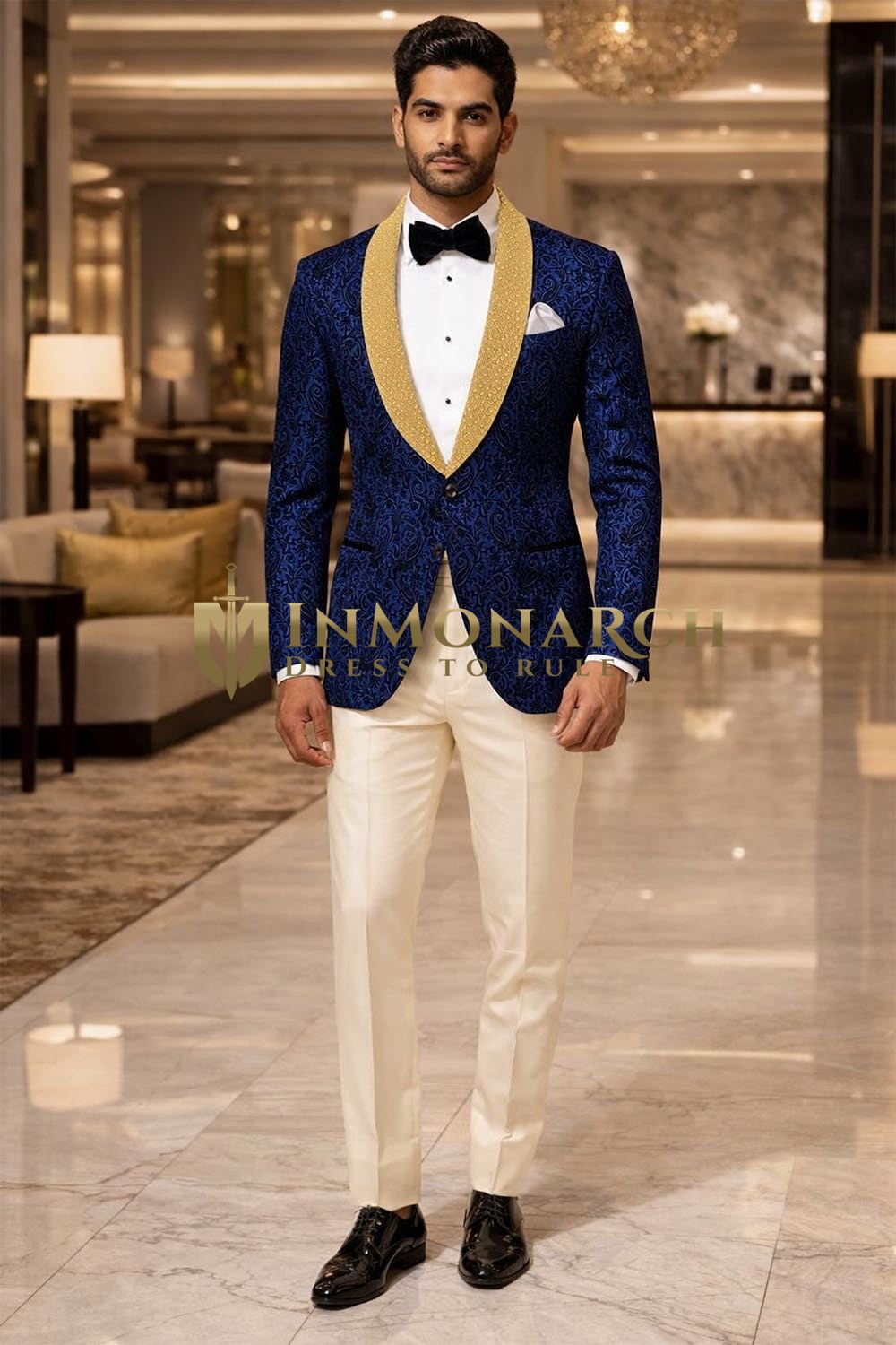 Mens Royal Blue Paisley Velvet Blazer Gold Shawl Lapel Slim Fit Dinner Jacket