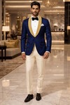 Mens Royal Blue Paisley Velvet Blazer Gold Shawl Lapel Slim Fit Dinner Jacket