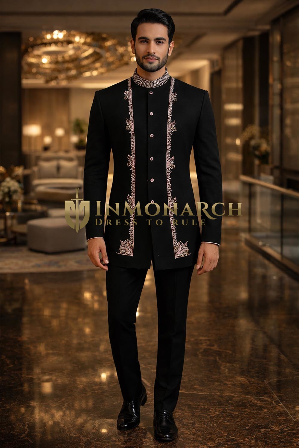 Mens Black Jodhpuri Suit 3 Piece Front Open Bandhgala Nehru Collar Groom Wedding Suit with Embroidered Vest