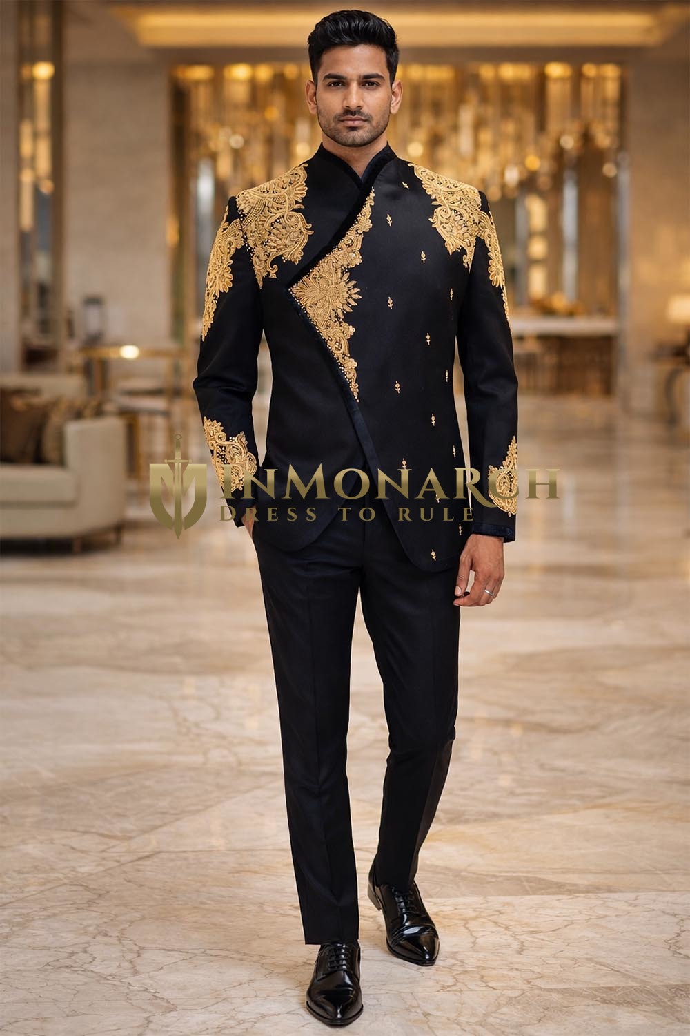Mens Black Angarakha Jodhpuri Suit Nehru Collar Groom Wedding Outfit Wear
