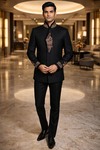 Mens Black Angarakha Jodhpuri Suit Nehru Collar Groom Wedding Outfit Set