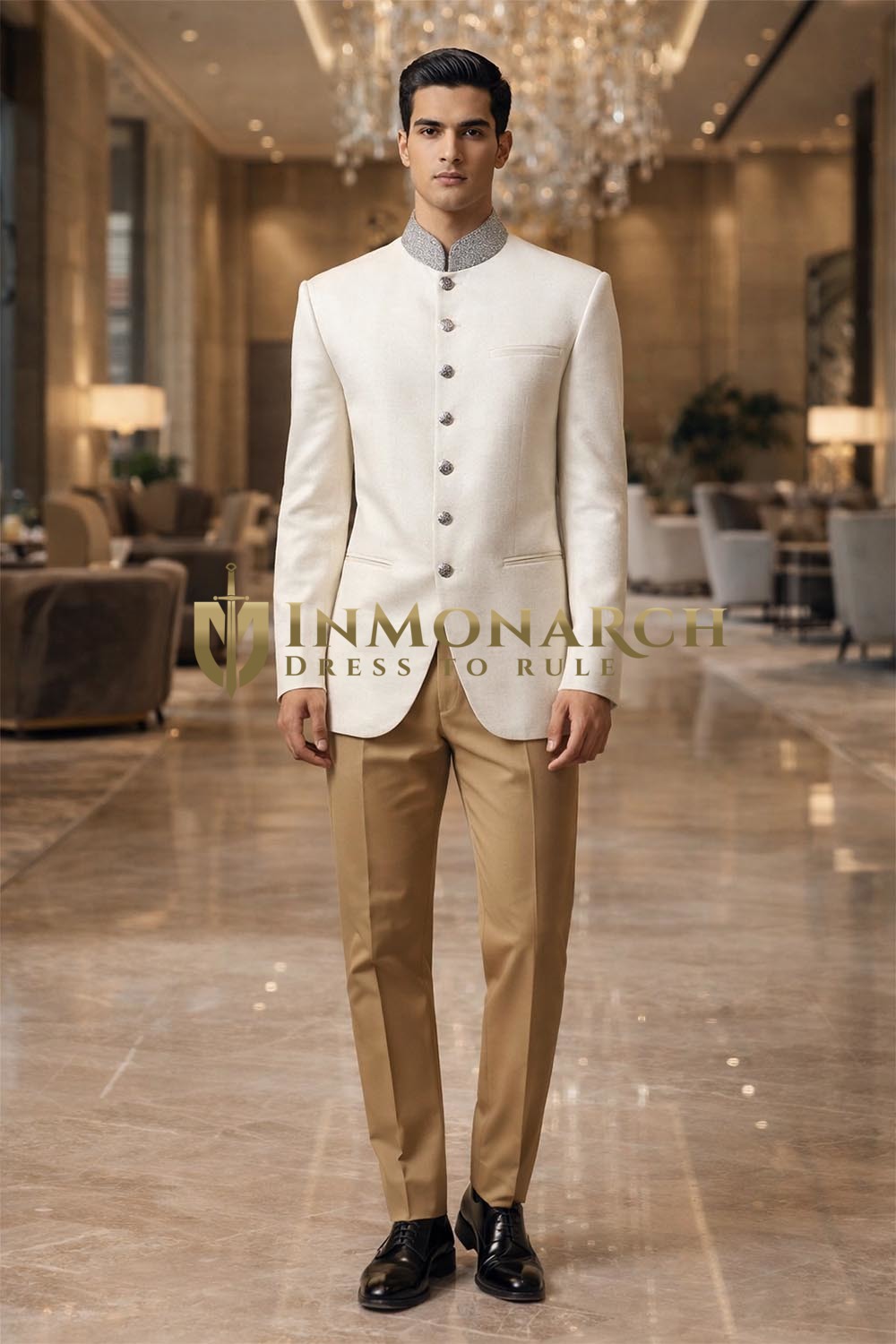 Mens Cream Linen Jodhpuri Suit Nehru Collar Groom Wedding Outfit with Khaki Pants