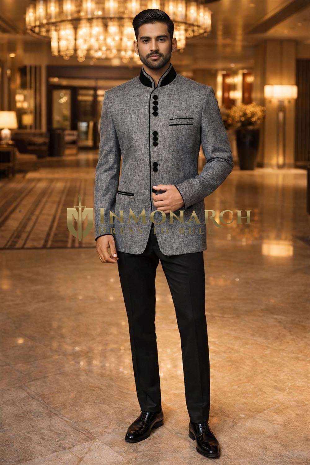 Mens Gray 2 Piece Jodhpuri Suit Linen Nehru Collar Wedding Outfit