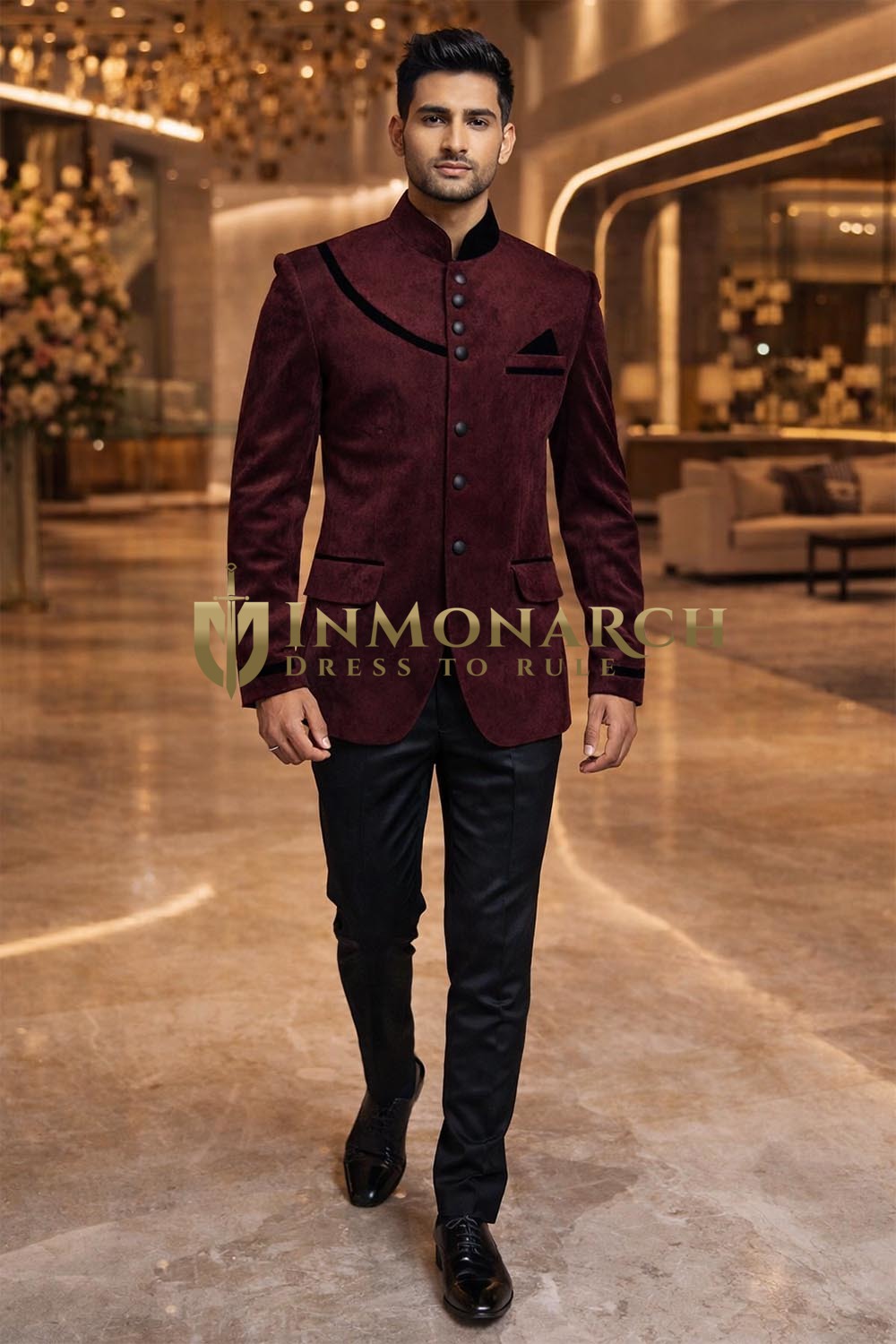 Mens Wine Velvet Jodhpuri Suit Nehru Collar Groom Wedding Formal Outfit Trouser