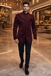 Mens Wine Velvet Jodhpuri Suit Nehru Collar Groom Wedding Formal Outfit Trouser