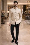 Mens Beige Cotton Safari Shirt with Utility Pockets