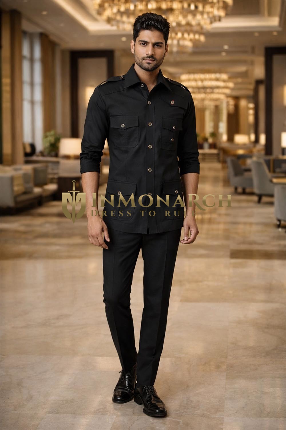 Mens Black Cotton Safari Shirt Casual Utility Pocket Shirt Fit Stylish Design Pro