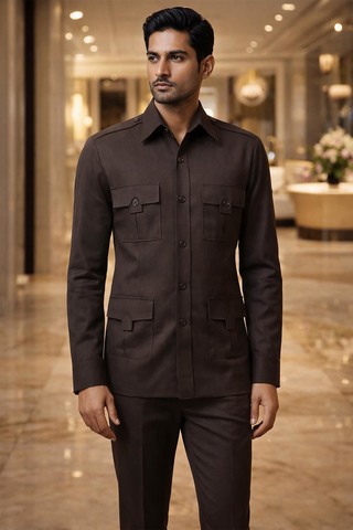 Camisa caza algodón marrón hombre