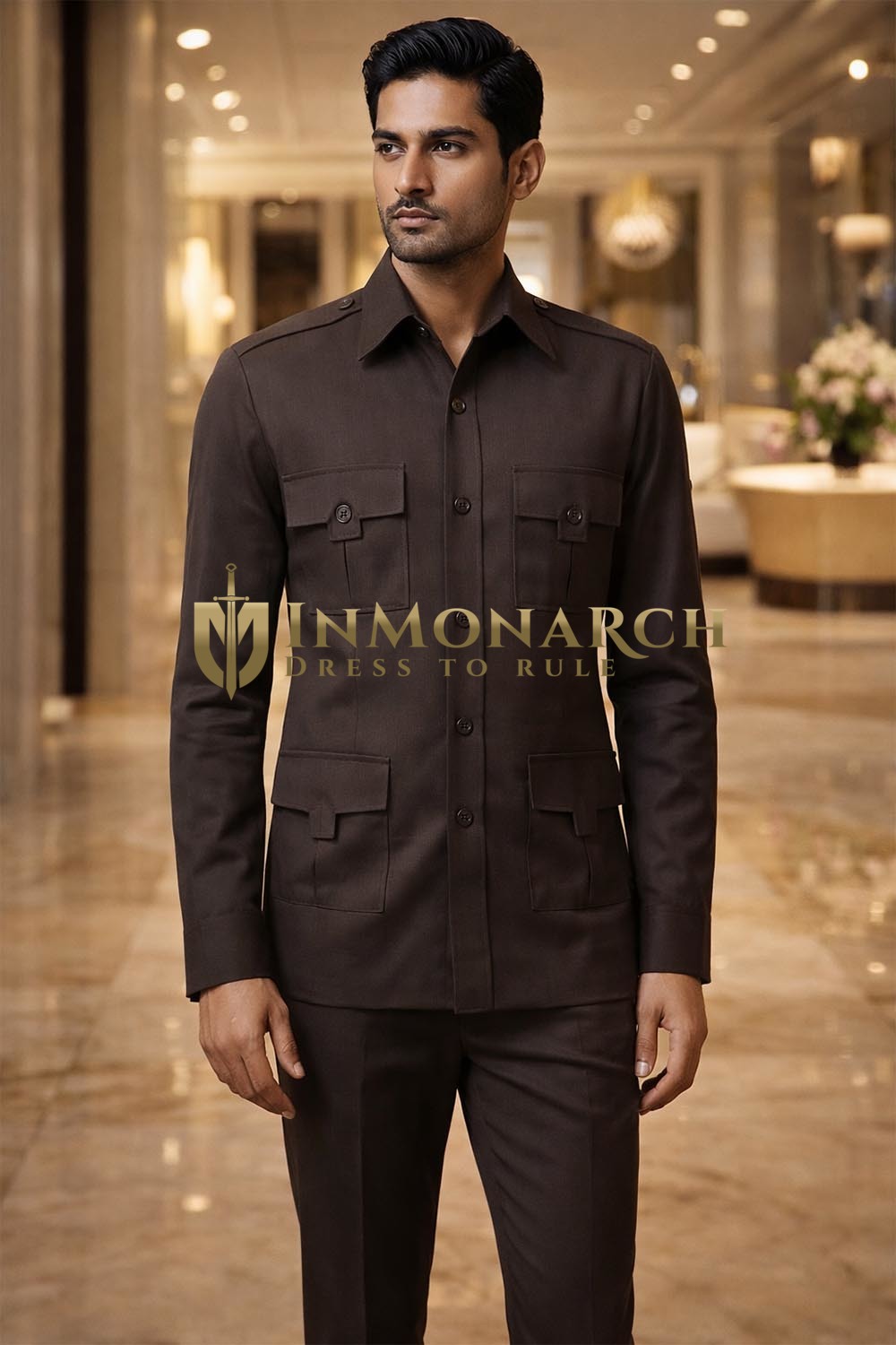 Camisa caza algodón marrón hombre