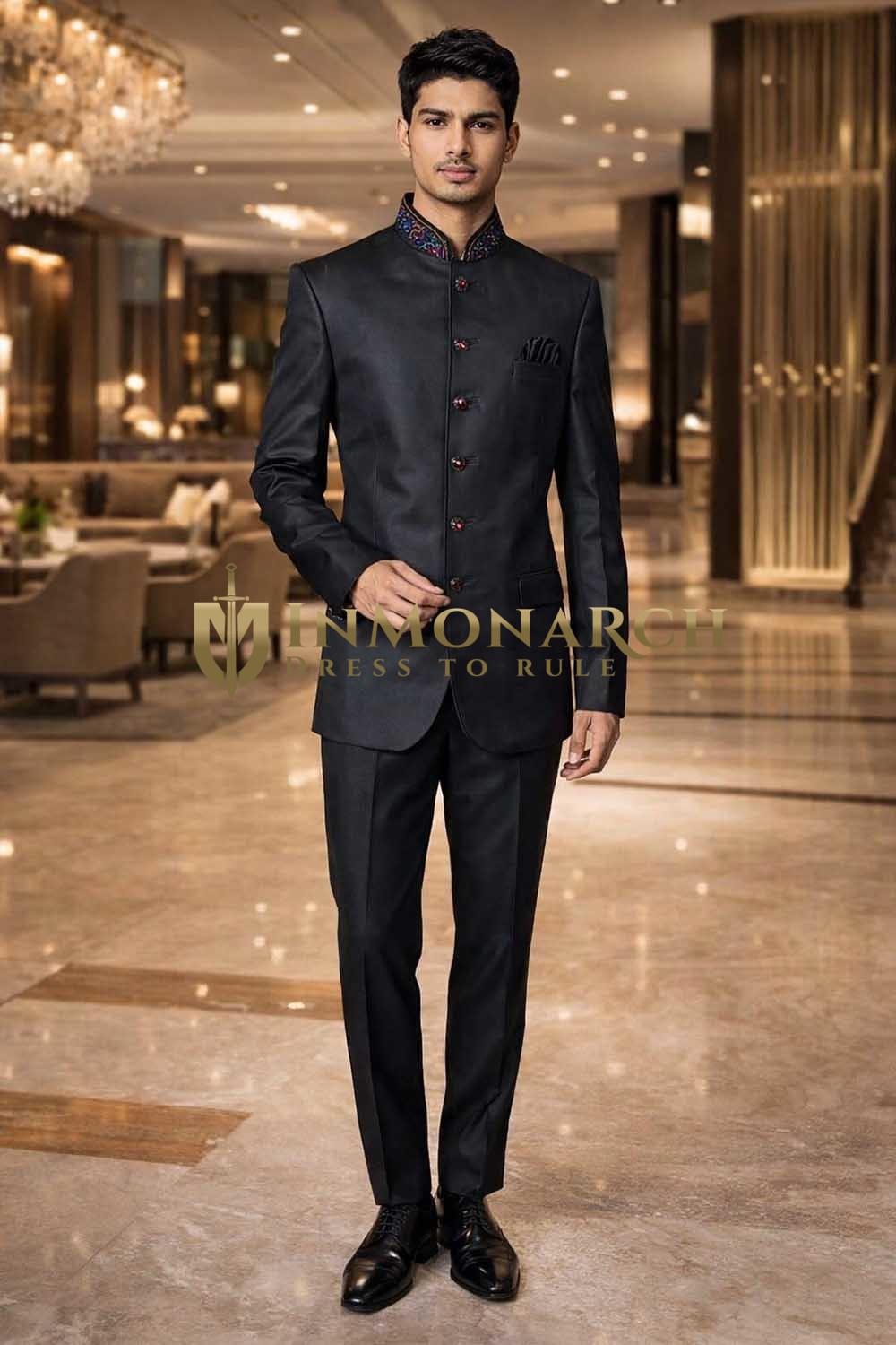 Mens Black Jodhpuri Suit Nehru Collar Groom Wedding Outfit Trousers Designer Set
