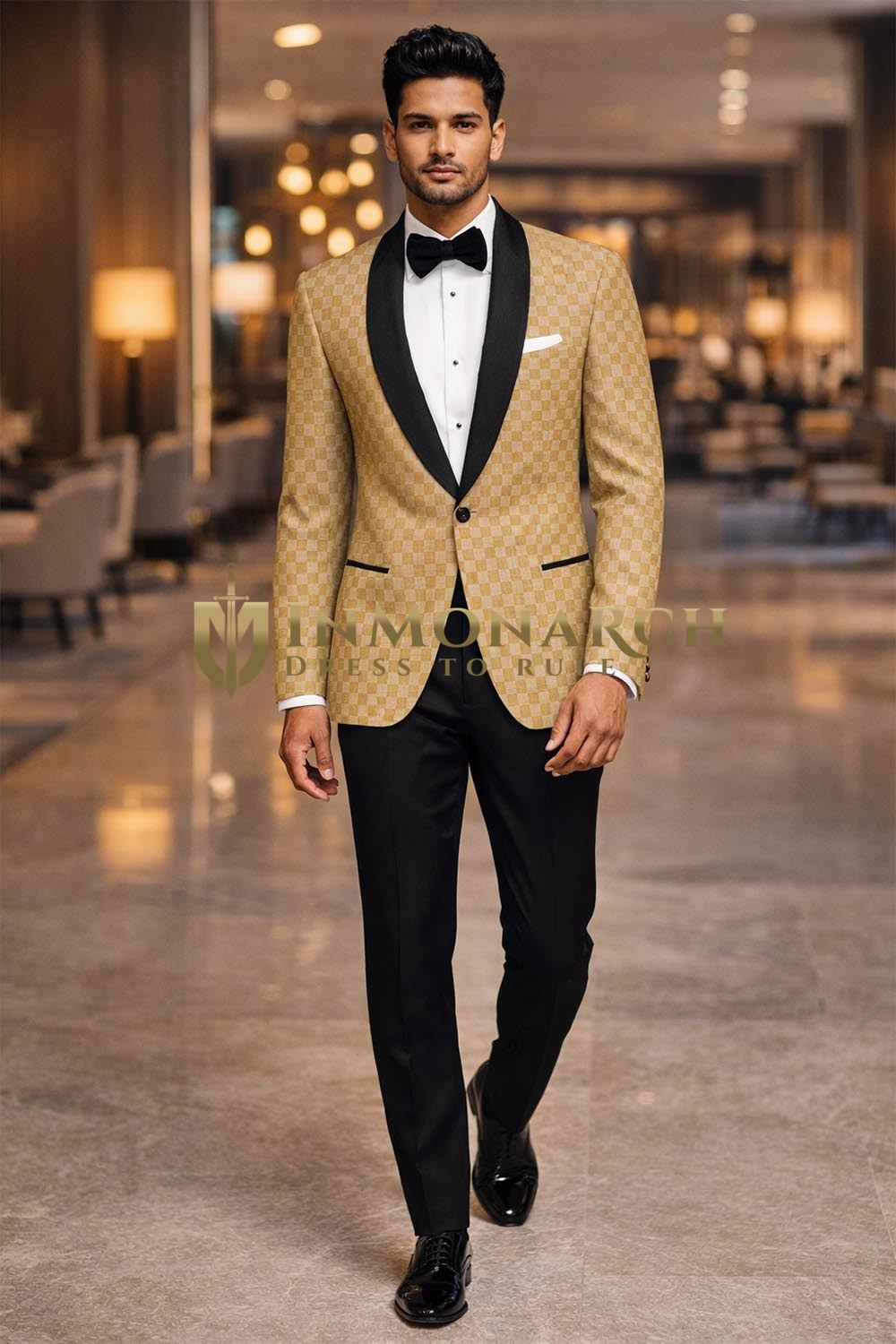 Gelber Slim Fit Blazer mit Karomuster Satin-Schalkragen