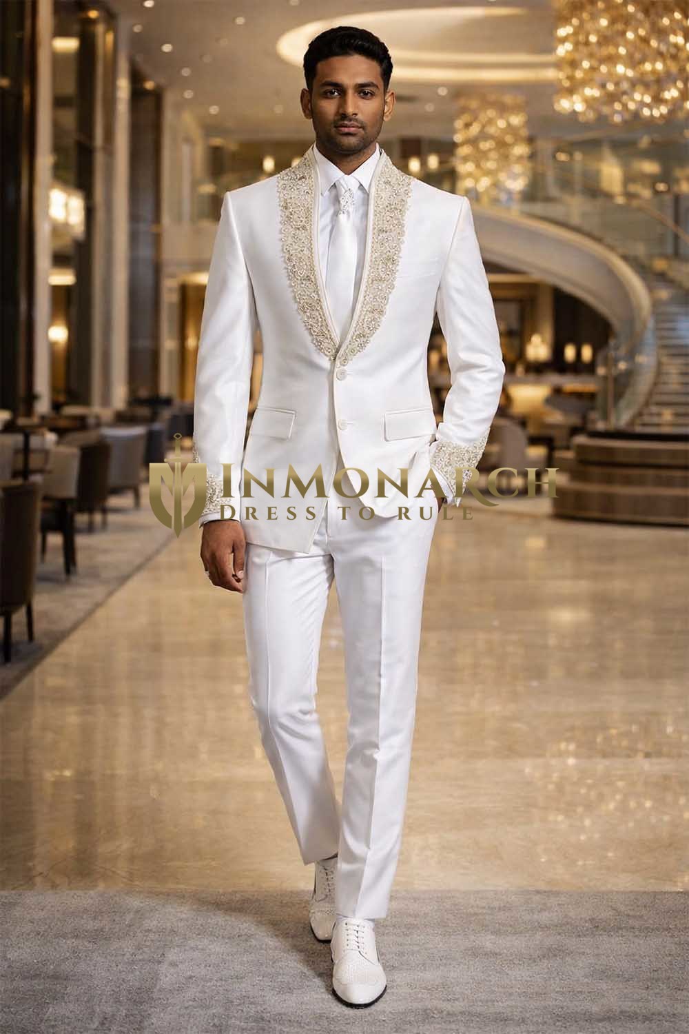 Mens White Shawl Lapel Tuxedo Suit Groom Wedding Embroidered Formal Set Outfit Wear