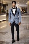 Mens Sky Blue Paisley Blazer Shawl Lapel Slim Fit Groom Formal Wear