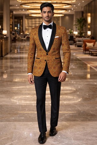 Mens Gold Designer Blazer Shawl Lapel Slim Fit Groom Formal Party Wear
