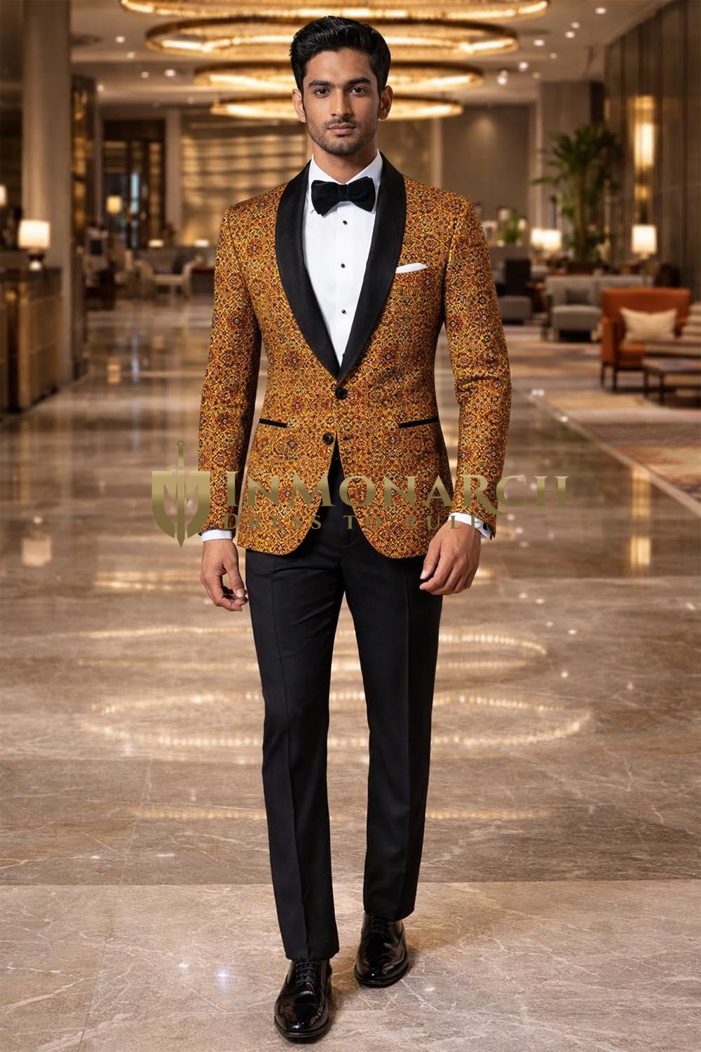 Mens Gold Designer Blazer Shawl Lapel Slim Fit Groom Formal Party Wear
