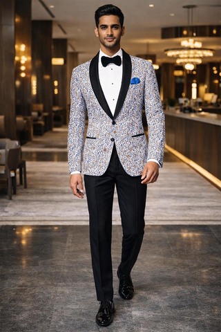 Mens White Paisley Blazer Shawl Lapel Slim Fit Groom Formal Party Wear