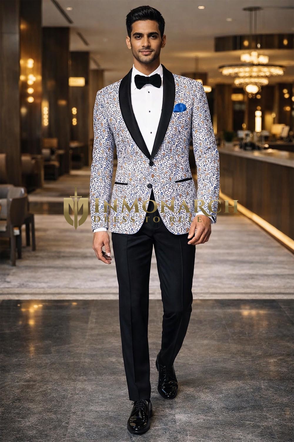 Mens White Paisley Blazer Shawl Lapel Slim Fit Groom Formal Party Wear