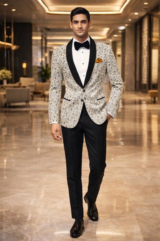 Mens Cream Paisley Tuxedo Suit Shawl Lapel Slim Fit Groom Formal Party Wear