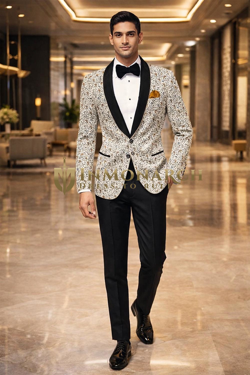 Mens Cream Paisley Tuxedo Suit Shawl Lapel Slim Fit Groom Formal Party Wear