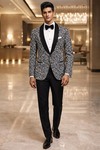 Mens Gray Blue Printed Tuxedo Suit Shawl Lapel Slim Fit Groom Formal Wear