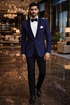 Mens Navy Blue Floral Blazer Shawl Lapel Slim Fit Groom Formal Wear