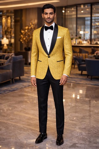 Mens Yellow Printed Blazer Shawl Lapel Slim Fit Formal Wear Groom Party Wear