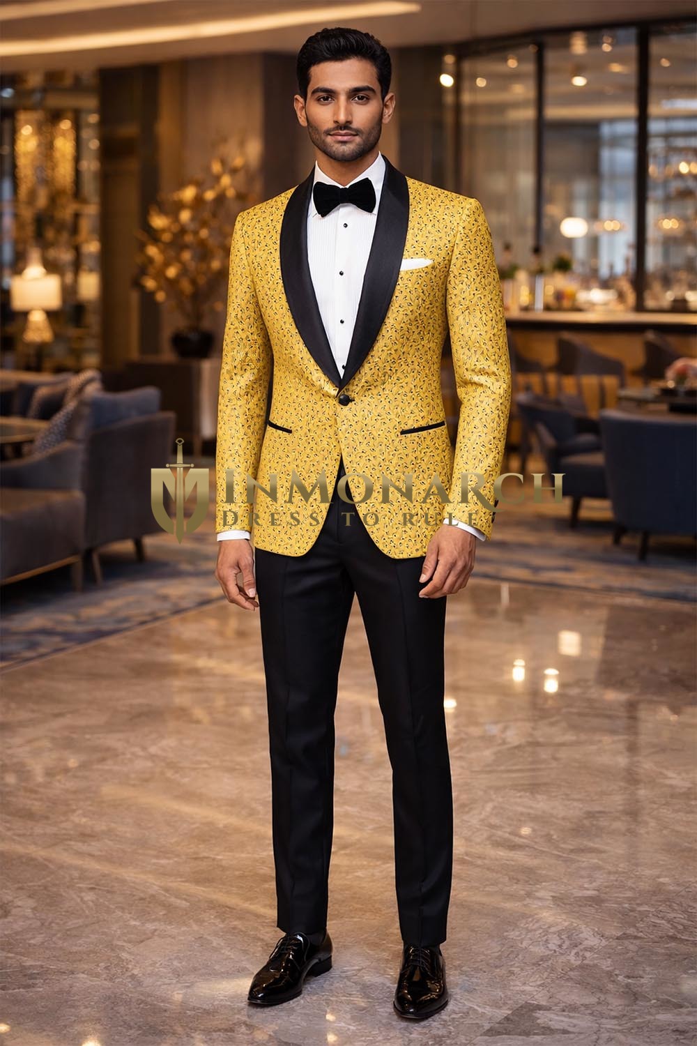 Mens Yellow Printed Blazer Shawl Lapel Slim Fit Formal Wear Groom Party Wear
