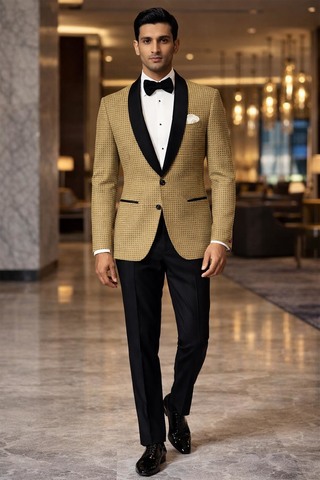 Mens Yellow Checked Blazer Shawl Lapel Slim Fit Groom Formal Wear
