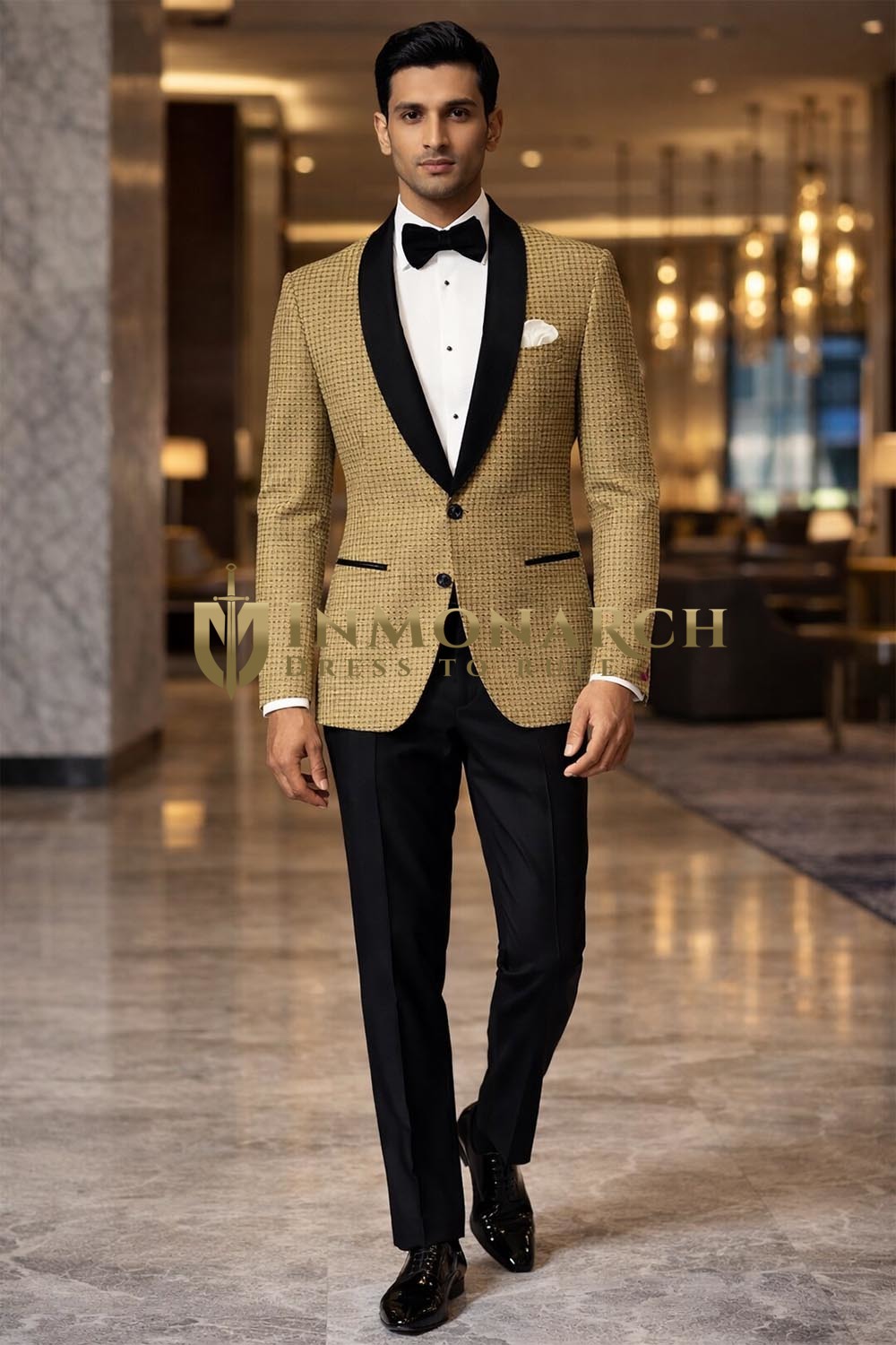 Mens Yellow Checked Blazer Shawl Lapel Slim Fit Groom Formal Wear